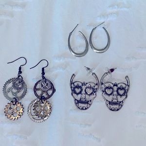 Earring Bundle (3 pairs) skeleton, steampunk- silver tone